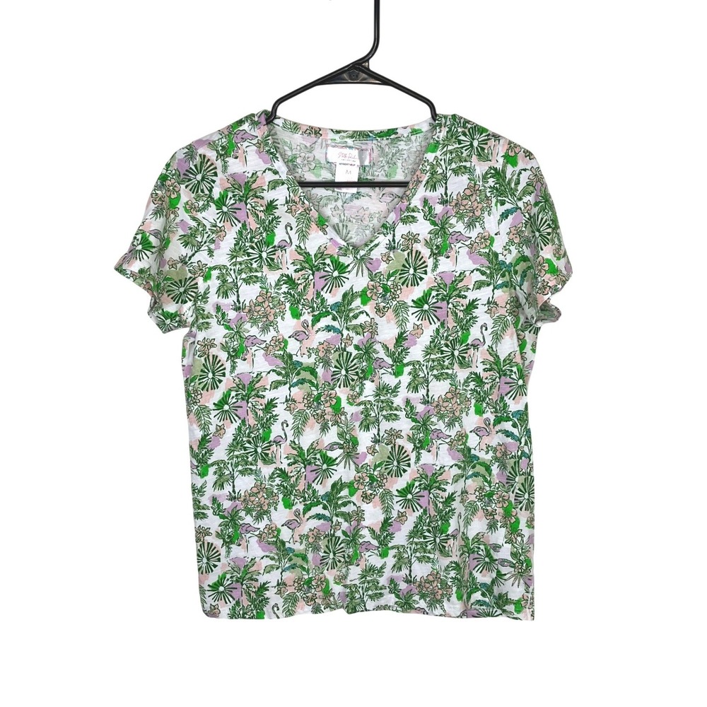 Stella Parker Short Sleeve V-neck‎ Neck Tee Women's Pink Med Tropical Floral